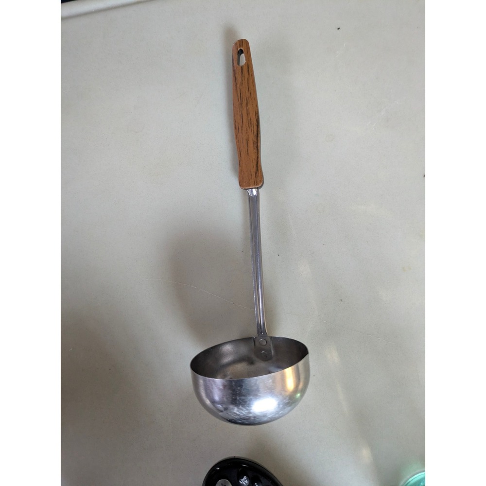 Vintage Stainless Steel Soup Ladle Wood Look Faux Grain Handle 11.5 Inch Silver